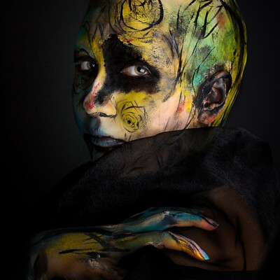 Explore the boundless creativity of abstract body art with model Celine M. as she becomes a living masterpiece. Makeup, baldcap, and photography by Anett Alexandra Bulano. π¨β¨ #AbstractArt #BodyPainting #ExpressiveCreativity Abstract body art photography featuring model Celine M. adorned in swirling strokes of vibrant greens, yellows, blues, and reds, with a bold baldcap accentuating the canvas.